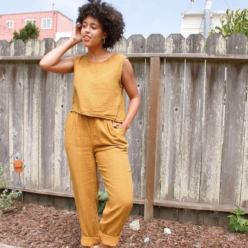 CuratorSF XL Loose-fit Crop Minnie Tank in Ochre Stripe